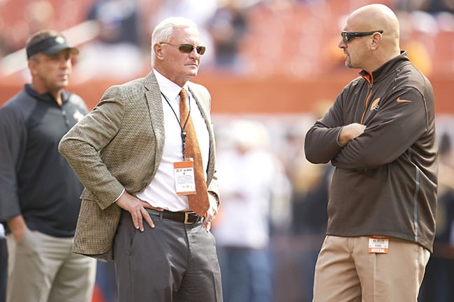 In the midst of a seven-game losing streak, Pettine (right) may not be Haslam’s guy beyond this year.